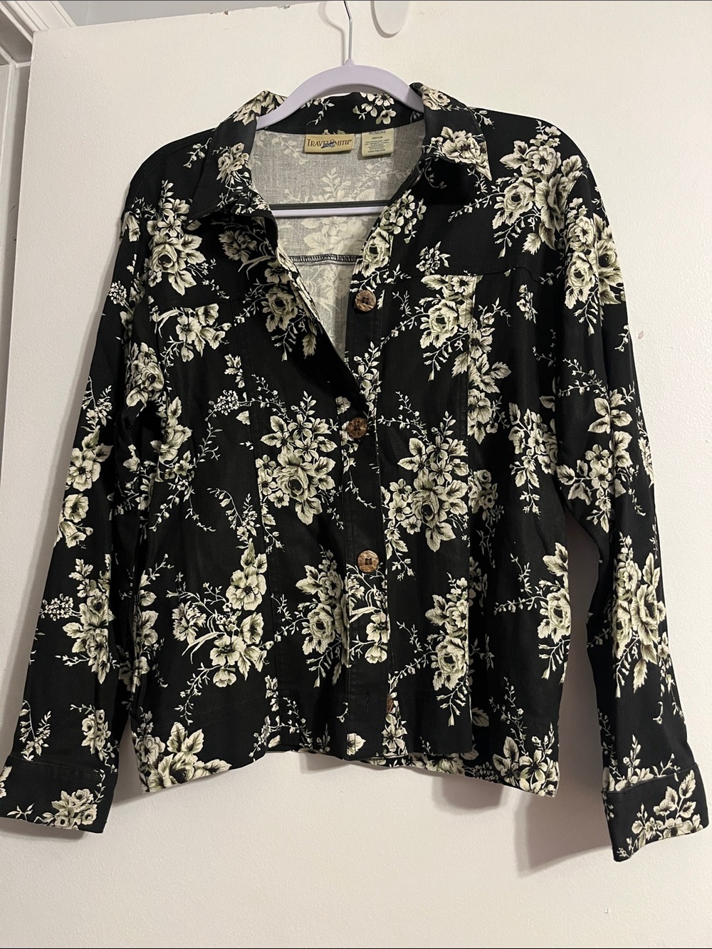 TravelSmith Black Floral Button-Front Shirt Jacket